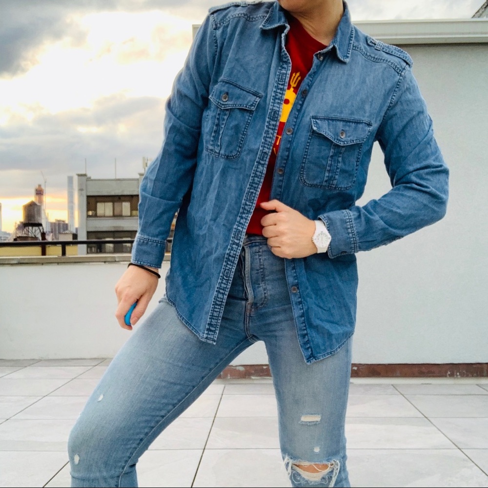 AEO Embroidered Floral Oversized Shirt Jean Top - Picture 6 of 16